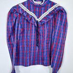 C.C. Additions Vintage Cottagecore Trad Wife Modest Ruffle Plaid Blouse Size M Blue Size M Photo 0