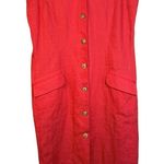 SAKE Coral Linen Blend Sleeveless Button Front Midi Dress with Tie Waist Size 16 Red Photo 0