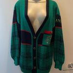 Vintage Preppy Green & Navy Plaid Knit Cardigan Photo 0