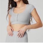 Alo Yoga  Blissful Henley Bra Top Light Gray Ribbed Crop Baby Tee Photo 0