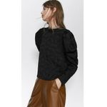 ZARA  Black Floral Textured Ruched Puff Long Sleeve Crew Neck Blouse Top Size S Photo 2