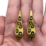 Vintage Unsigned Gold Tone Animal Print & Yellow Rhinestone Dangle Post Earrings Photo 0