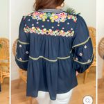 Piper & Scoot  Dance With Me Tiered Floral Embroidered Boho Peasant Top Navy Blue Photo 3