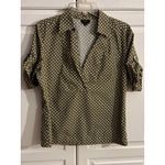 Talbots Stretch Geometric Print Button Front Shirt Women Size 14 Olive White Photo 1