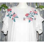 Paper Crane White Boho Top T-Shirt Size L Embroidered Floral Roses Ruffle Sleeve Photo 1