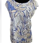 H by Halston Blue floral 100% linen button back top Photo 0