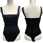 Capulet Black Ribbed Square Neck Bustier Sleeveless Thong Bodysuit Going Out Top Photo 1