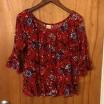 Faded Glory Boho Cowgirl Brick red blue Floral top Flutter Sleeve Western Fall Autumn blouse Photo 1