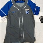 Nike Womens  Dry Short Sleeve Button Down Shirt Gray Sz SM MLB Kansas City Royals Photo 0