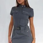 White Fox Boutique White Fox utility belted mini dress short sleeve denim high neck zip up pockets Photo 0