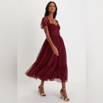 Lulus Sweet Amor Burgundy Tulle Swiss Dot Tiered Bustier Midi Dress Photo 3