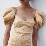 ZARA  Satin Effect Puff Sleeve Floral Mini Dress in Yellow/Pink/Blue Size M Photo 3
