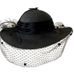 Vintage Accessory Lady Black Straw Hat Veil Feather Detail Wide Brim 13.5" Photo 0