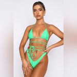 White Fox Boutique White Fox Swim Bikini Set kelly green beaded triangle top tie bottoms cheeky Photo 3
