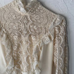 Vtg 60s Lace Victorian Wedding Dress High Neck Long Sleeve‎ Pearl Trim Size 2 XS Photo 1