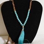 Source Unknown Western Chic Long Wood/Faux Turquoise Beaded Cream/Auqa Tassel Necklace Photo 0