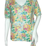 Talbots  Shirt Womens Medium Petite Multicolor Santorini‎ Greece Print Novelty Photo 0