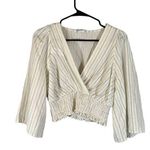 ZARA  White Striped V-Neck Kimono Sleeve Accordion Trim Cropped Top Women Sz S Photo 0