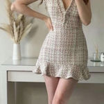 ZARA  white pink tweed v neck ruffled short sleeve mini dress S Photo 0