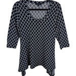 Karen Kane  Black White Diamond Shark Bite Hem 3/4 Sleeve Scoop Neck Blouse Sz L Photo 0