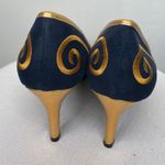 Ashro Navy Blue Suede Pointed Toe Pumps Gold Embroidery Size 9(B106) Photo 4