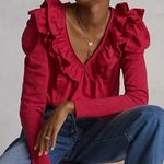 Anthropologie  Red Pink Ruffled V-Neck Ruffle Down Shirt Blouse Medium Photo 0