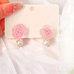 Cute Pink Rose Flower Stud Earrings with Pearlescent Bead Alloy‎ Crafted Floral Photo 1
