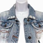 Anthropologie Distressed Blue Jean Denim Jacket Coat Medium Wash Button Close Pockets Large Photo 3