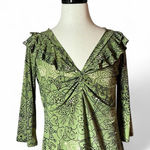 Dress Barn Y2K Women Boho Green Floral Print 3/4 Sleeve V-Neck Top Size L Photo 0