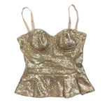 Bebe  Uptown Sequin Peplum Bustier Top Gold Size Small NWT Photo 2