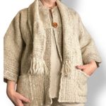Vintage Shepherds Harvest Wool Cardigan Oatmeal Knit Fringe Scarf Jacket Large Tan Photo 11