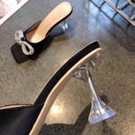 SheIn Stiletto High Heel Rhinestone Slippers Women's Square Toe Satin Bow Black 6.5 Photo 3