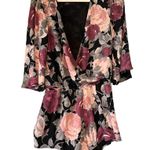 Lulus NWT, Floral Plunging Neck Bell Sleeve Romper Black Purple Pink, Sz L Photo 1