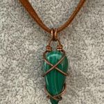 Copper Wrapped Malachite Pendant Camel Leather Cord Green Photo 0