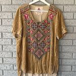 Johnny Was  Jody Velvet Short Sleeve Tunic Shirt Embroidered Size Small Tan Gold Photo 3