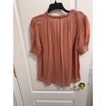 DR2 Peach Orange Geometric Print Ruffle Neck Button Front Blouse Top Size M Brown Size M Photo 2
