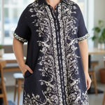 Max Studio NWT $218 Short Sleeve Shirtdress (Plus) 3X, NAVY PNY FEATHER LEAVES Photo 0