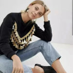 Glamorous  Black Sweatshirt with Gold Fringe Tassels Size Xs Photo 4