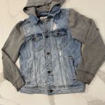 Hollister Distressed Denim Jersey Hooded Button Jacket Womens Small Blue/Gray Photo 1