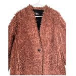 ZARA Pink Shearling Fluffy Teddy Coat Jacket collarless one button size medium Photo 3