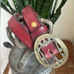 Vintage Burgundy Leather Belt with Ornate Brass Buckle – Western Style Red Photo 7