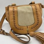 Sondra Roberts  Squared cross stitched saddlebag handbag - tan and canvas Photo 0