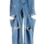 ZARA  Blue Denim Straight Leg High Rise Distressed Cut Destructed Jeans Size 4 Photo 1