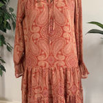 Versona Womens Paisley Print Tiered Ruffle Neck Tie Mini Dress Small Orange Photo 0