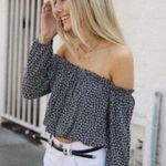 John Galt Brandy Melville  Maura Blue Off the Shoulder Floral Crop Top Photo 5