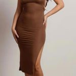 ENDLESS BLU Katara Ribbed Open Back Midi Dress in Brown (SMALL) Photo 0
