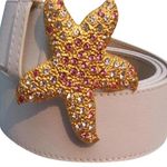 Donald Pliner Rhinestone White Leather 3" wide Gold Metal Star Belt New NWT $195 Photo 0