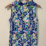 Beach Time Size S Vibrant Multicolor Abstract Floral Print Ruffle Split Neck Top Blue Photo 3
