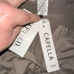 Capella Plus Size Dunkin’ Latte Long Sleeve Split Neck Linen Blend Bodysuit Tan Photo 3