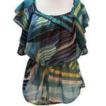 I.N. San Francisco Blue Black Yellow White Striped Sheer Short Sleeve Blouse XL Photo 0